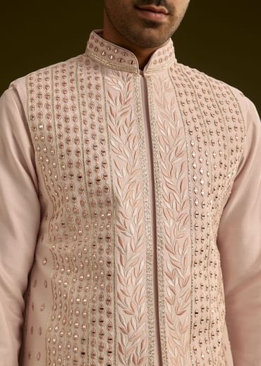 Peach Cotton Silk Kurta With Mirror Threadwork Jacket