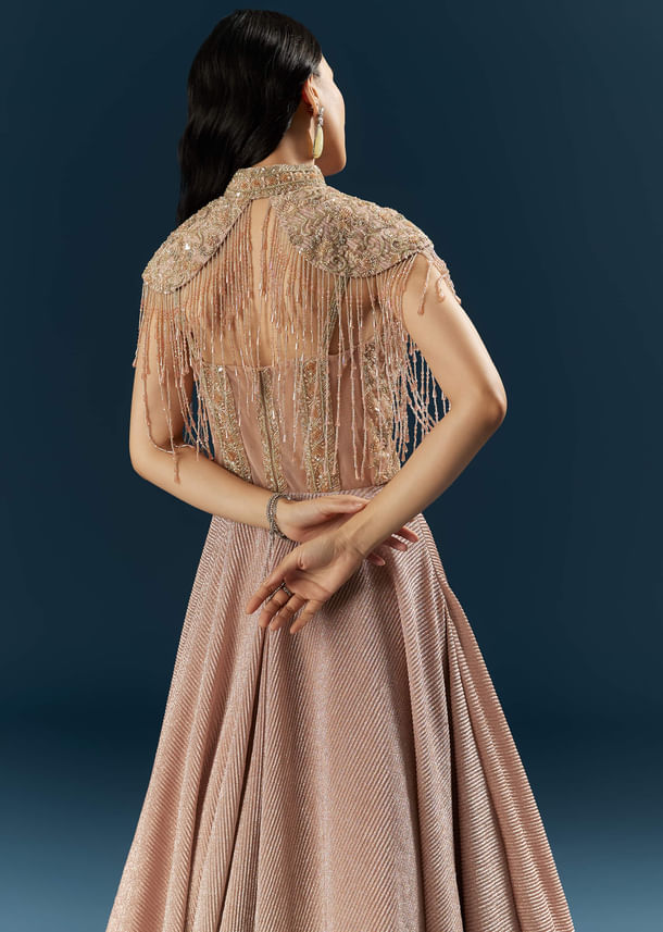 Peach Crepe Bridal Gown With Heavy Embroidery