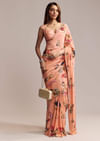 Peach Crepe Saree With Digital Print And Sequins Embroidery