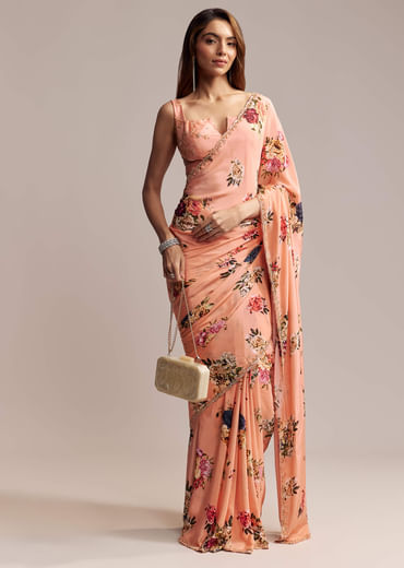 Peach Crepe Saree With Digital Print And Sequins Embroidery