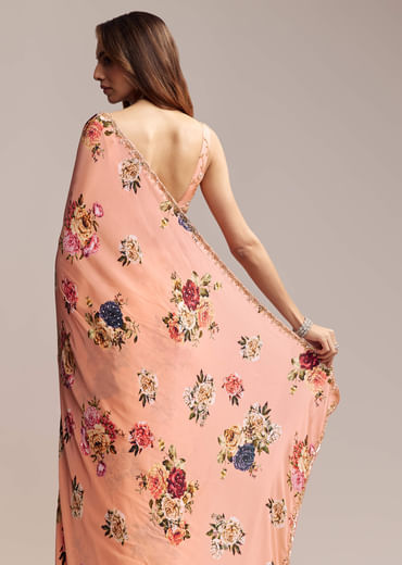 Peach Crepe Saree With Digital Print And Sequins Embroidery