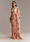 Peach Crepe Saree With Multicolor Floral Print And Embroidered Border