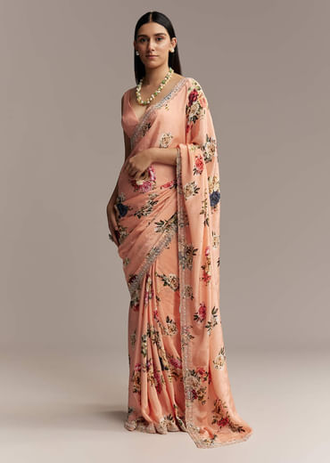 Peach Crepe Saree With Multicolor Floral Print And Embroidered Border