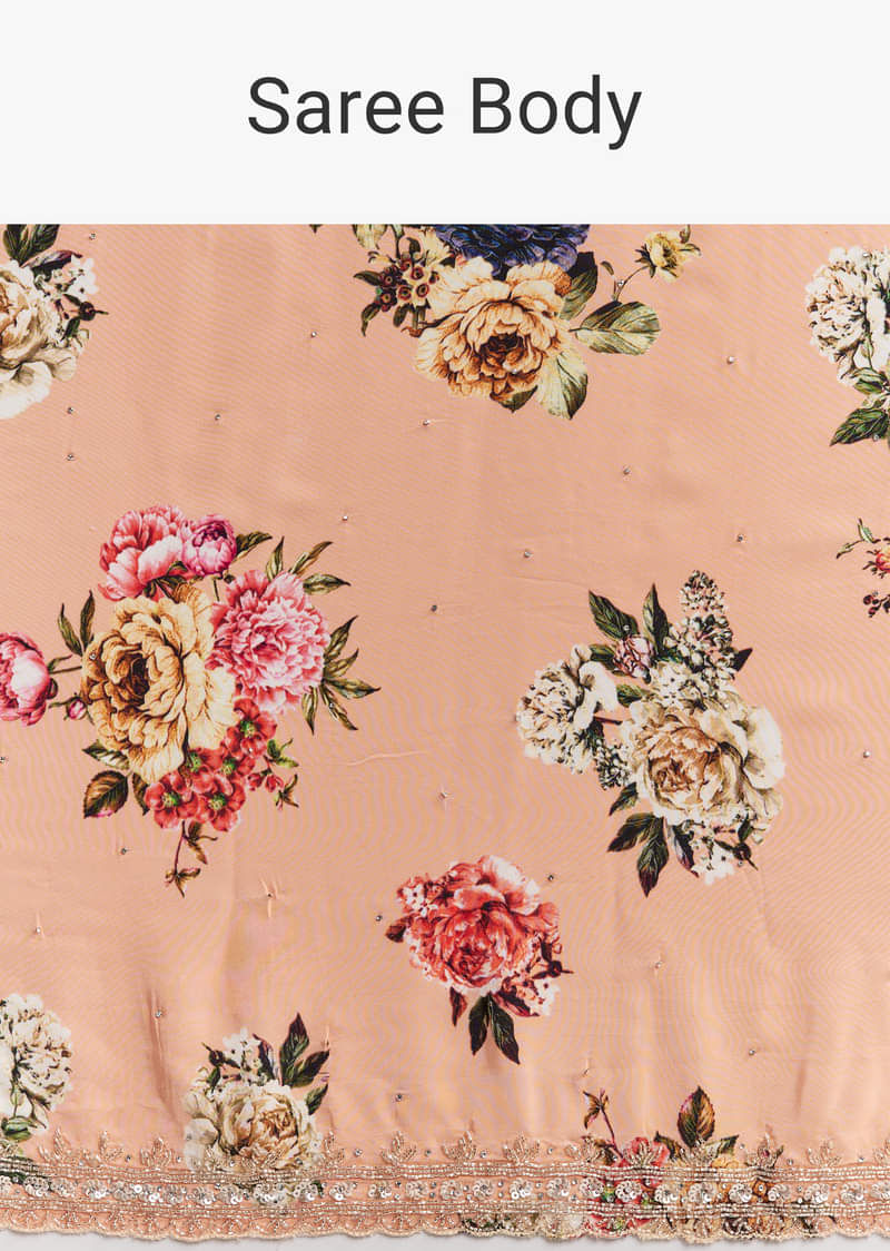 Peach Crepe Saree With Multicolor Floral Print And Embroidered Border