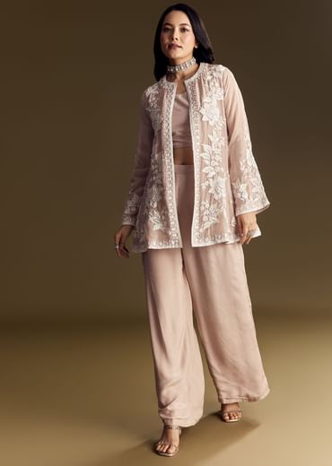 Peach Crop Top Set With Embroidered Organza Jacket