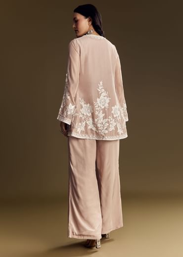 Peach Crop Top Set With Embroidered Organza Jacket