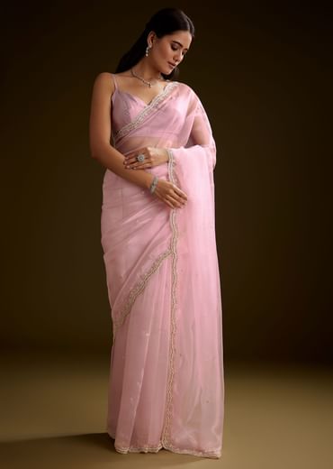 Peach Crush Tissue Saree With Stone And Moti Embroidery And Scallop Border