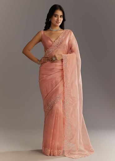 Peach Embroidered Organza Saree With Cutwork Scallop Border