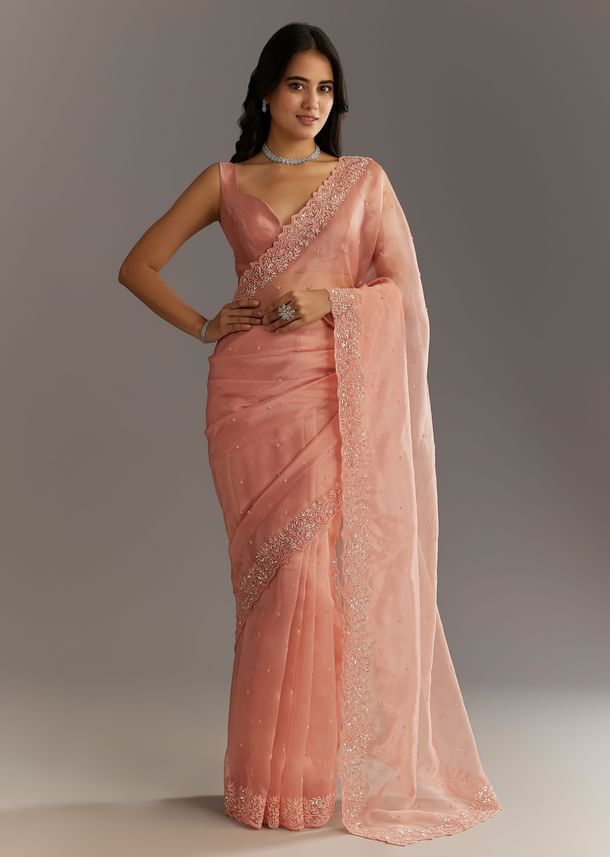 Peach Embroidered Organza Saree With Cutwork Scallop Border