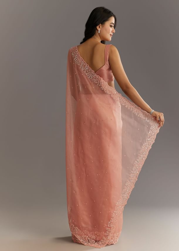 Peach Embroidered Organza Saree With Cutwork Scallop Border