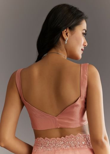 Peach Embroidered Organza Saree With Cutwork Scallop Border