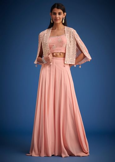 Peach Georgette Embroidered Cape Lehenga Set