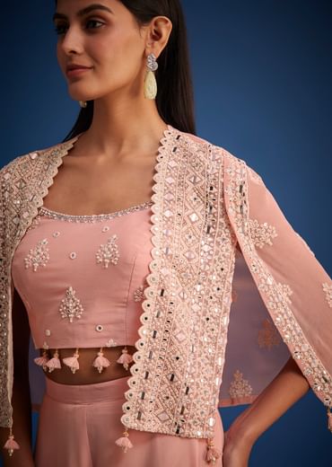 Peach Georgette Embroidered Cape Lehenga Set