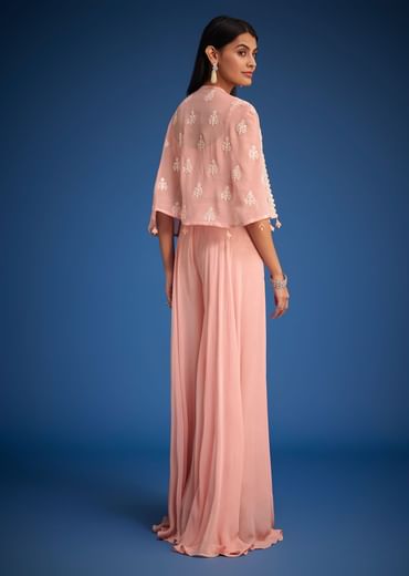 Peach Georgette Embroidered Cape Lehenga Set