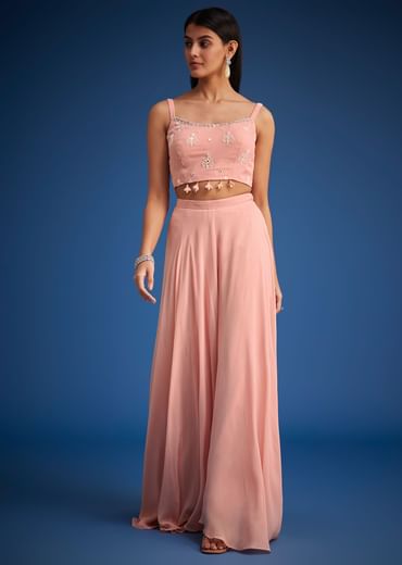 Peach Georgette Embroidered Cape Lehenga Set