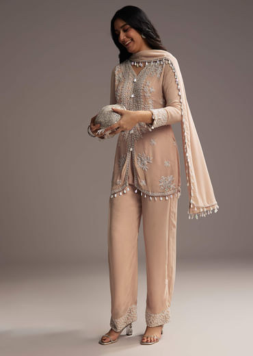 Peach Georgette Kurta Set With Beads Embroidery