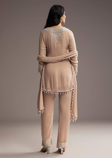 Peach Georgette Kurta Set With Beads Embroidery