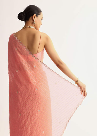 Peach Georgette Scallop Bordered Saree With Foil Printed Stripes