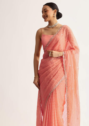 Peach Georgette Scallop Bordered Saree With Foil Printed Stripes