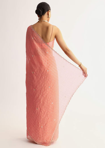 Peach Georgette Scallop Bordered Saree With Foil Printed Stripes