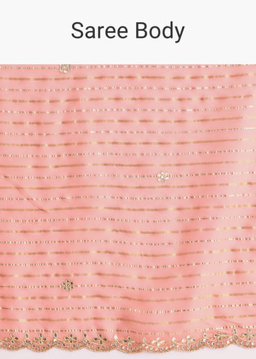 Peach Georgette Scallop Bordered Saree With Foil Printed Stripes