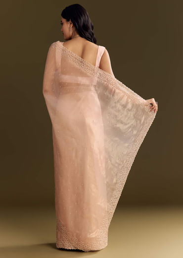 Peach Glass Tissue Saree With Cutdana And Beads Scallop Border