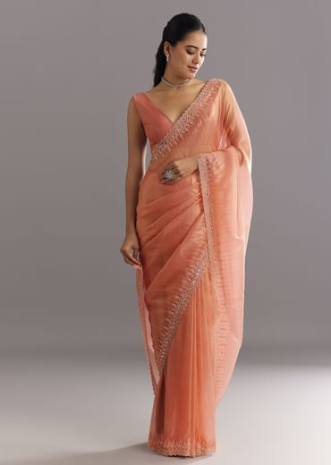 Peach Glass Tissue Saree With Cutdana Sequins Embroidery And Cutwork Scallop Border