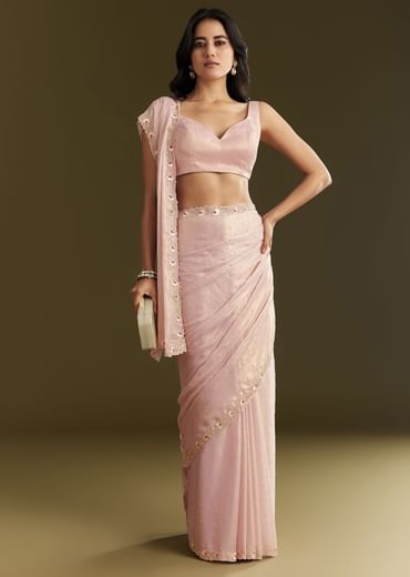 Peach Glass Tissue Saree With Moti Cutdana And Sequins Embroidery And Scallop Border