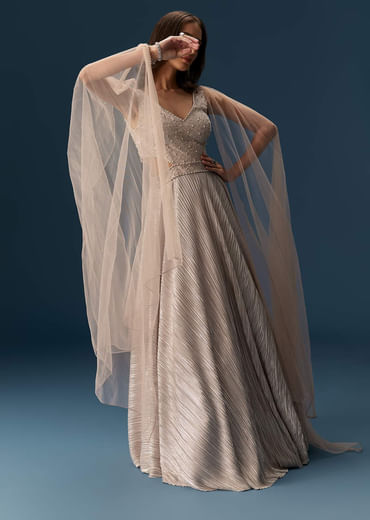 Peach Gown With Fully Embroidered Yoke And Feather Embellished Shoulders