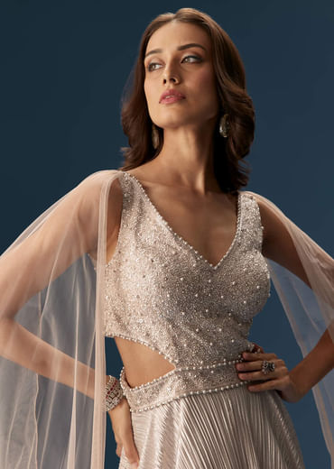 Peach Gown With Fully Embroidered Yoke And Feather Embellished Shoulders