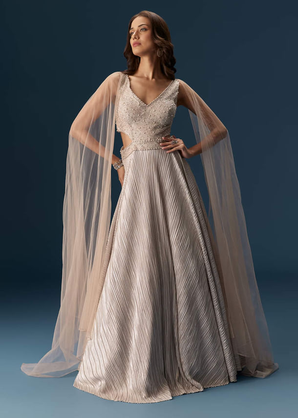Peach Gown With Fully Embroidered Yoke And Feather Embellished Shoulders Peach Gown With Fully Embroidered Yoke And Feather Embellished Shoulders