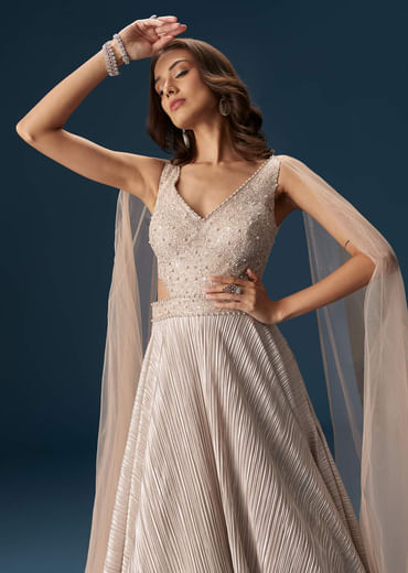 Peach Gown With Fully Embroidered Yoke And Feather Embellished Shoulders
