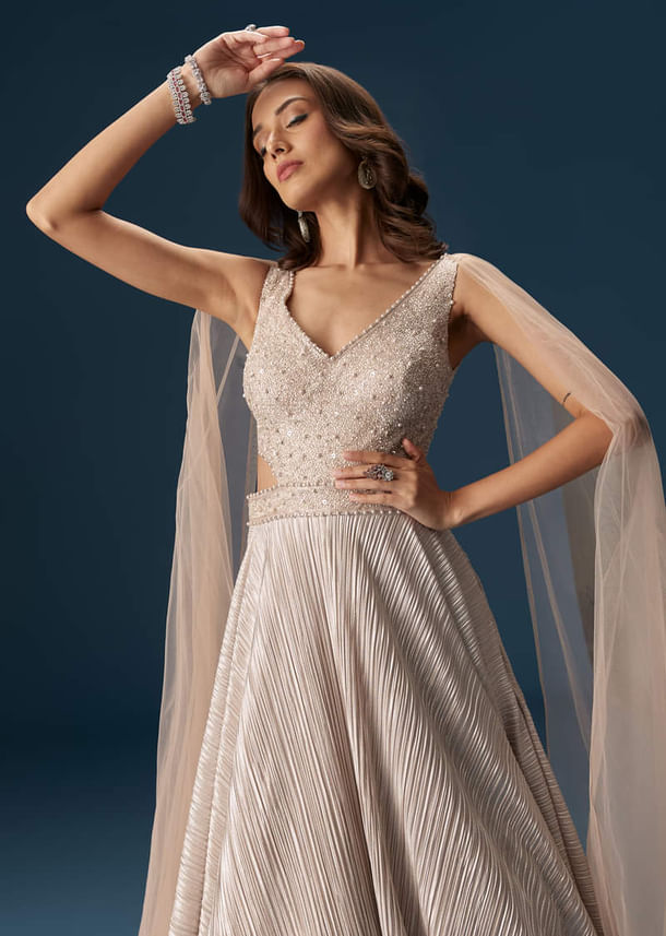 Peach Gown With Fully Embroidered Yoke And Feather Embellished Shoulders Peach Gown With Fully Embroidered Yoke And Feather Embellished Shoulders