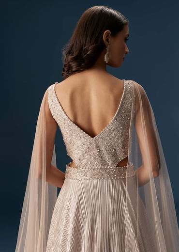 Peach Gown With Fully Embroidered Yoke And Feather Embellished Shoulders