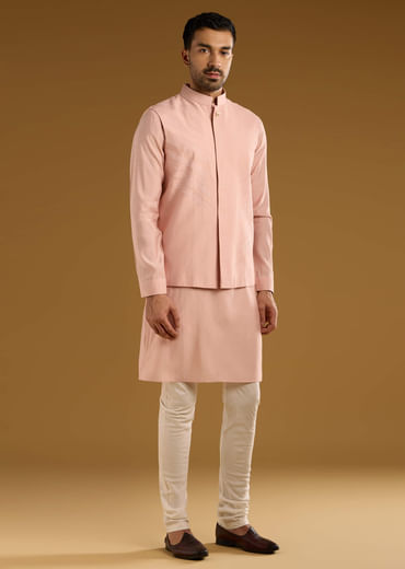 Peach Kurta Jacket Set For Men With Thread Embroidery