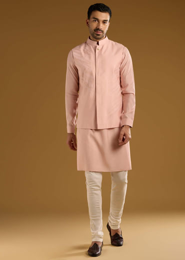 Peach Kurta Jacket Set For Men With Thread Embroidery