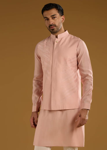 Peach Kurta Jacket Set For Men With Thread Embroidery