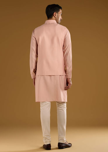 Peach Kurta Jacket Set For Men With Thread Embroidery
