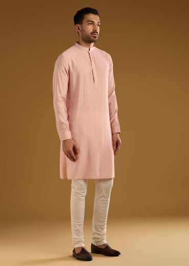 Peach Kurta Jacket Set For Men With Thread Embroidery