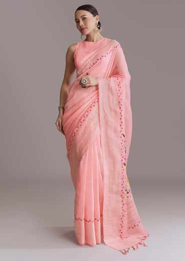 Peach Linen Handwoven Saree With Resham Embroidery