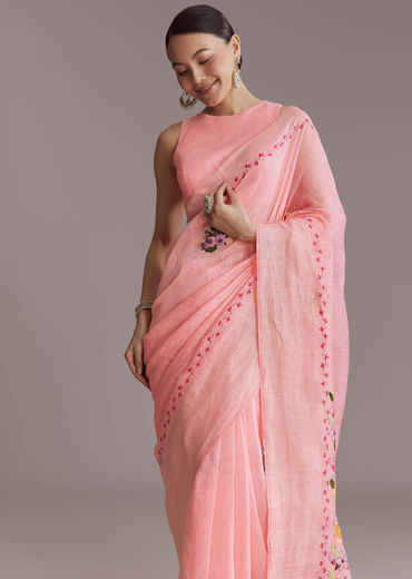 Peach Linen Handwoven Saree With Resham Embroidery