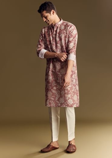 Peach Linen Kurta Set With Floral Print And Kantha Work