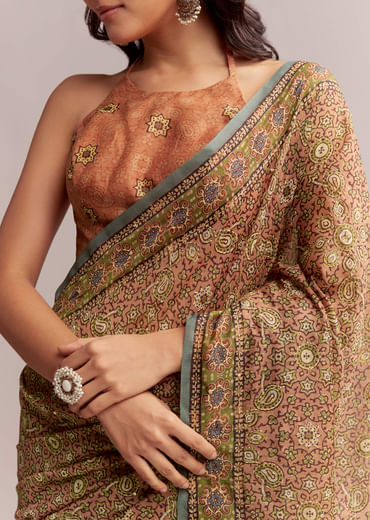 Peach Linen Printed Saree With Authentic Ajrakh Work