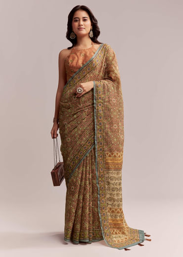 Peach Linen Printed Saree With Authentic Ajrakh Work