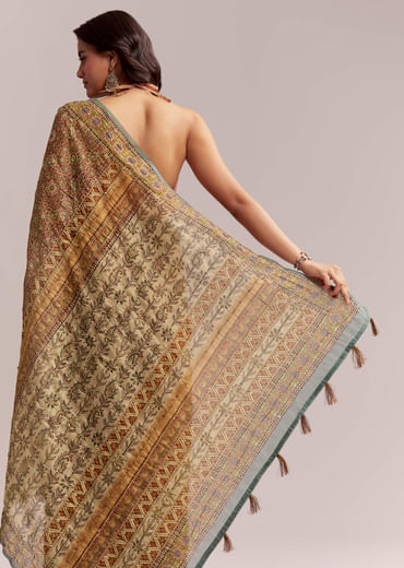 Peach Linen Printed Saree With Authentic Ajrakh Work