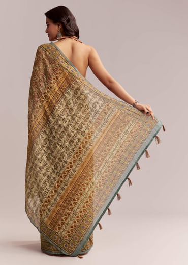 Peach Linen Printed Saree With Authentic Ajrakh Work