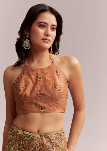 Peach Linen Printed Saree With Authentic Ajrakh Work