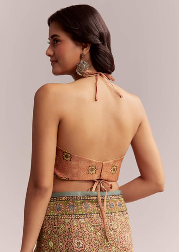 Peach Linen Printed Saree With Authentic Ajrakh Work
