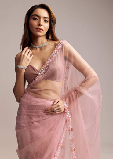Peach Net Saree With Sequin Embroidery