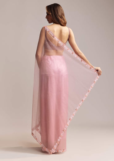 Peach Net Saree With Sequin Embroidery
